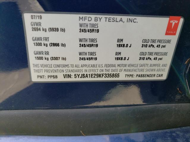 5YJSA1E29KF335865 - 2019 TESLA MODEL S Mavi foto 12