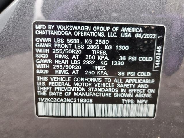 1V2KC2CA3NC218308 - 2022 VOLKSWAGEN ATLAS CROS SE Серый фото 13