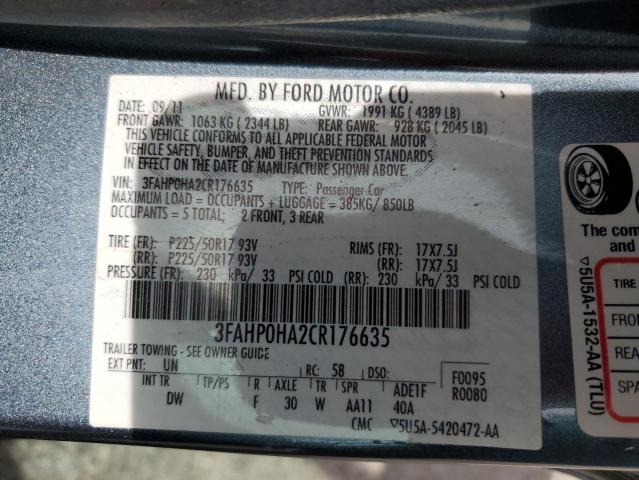 3FAHP0HA2CR176635 - 2012 FORD FUSION SE BLUE photo 12