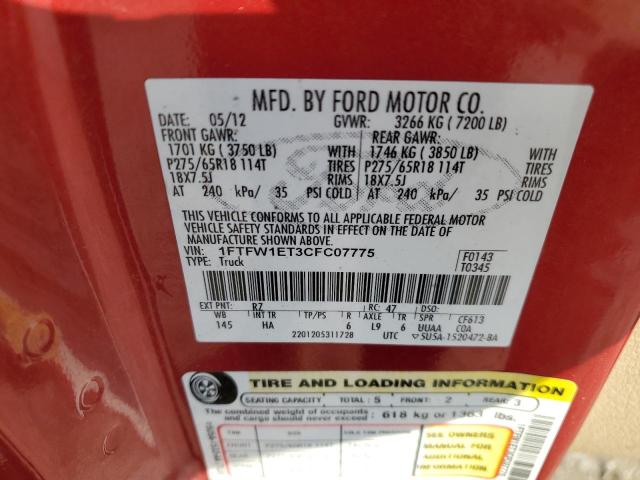 1FTFW1ET3CFC07775 - 2012 FORD F150 SUPERCREW RED photo 12