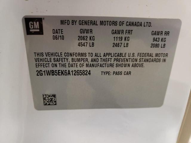 2G1WB5EK6A1265824 - 2010 CHEVROLET IMPALA LT WHITE photo 12