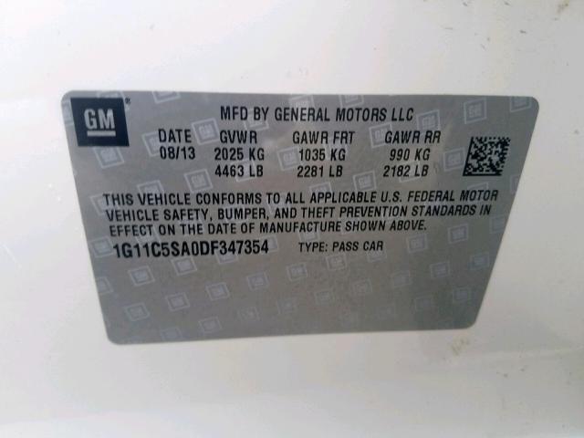 1G11C5SA0DF347354 - 2013 CHEVROLET MALIBU 1LT WHITE photo 10