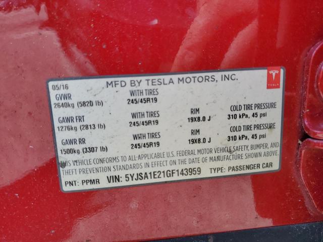 5YJSA1E21GF143959 - 2016 TESLA MODEL S წითელი ფოტო 12