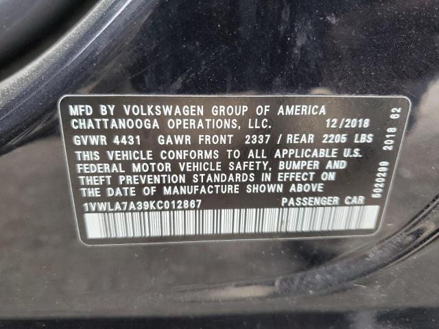 1VWLA7A39KC012867 - 2019 VOLKSWAGEN PASSAT WOLFSBURG BLACK photo 12