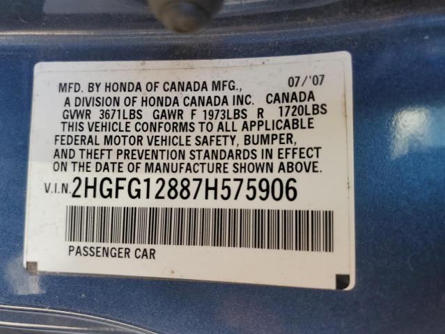 2HGFG12887H575906 - 2007 HONDA CIVIC EX BLUE photo 12