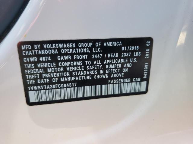 1VWBV7A36FC064317 - 2015 VOLKSWAGEN PASSAT SE WHITE photo 12