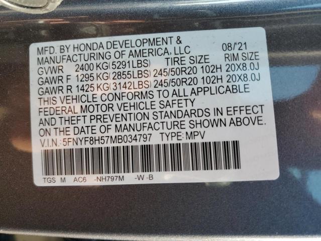5FNYF8H57MB034797 - 2021 HONDA PASSPORT EXL GRAY photo 12