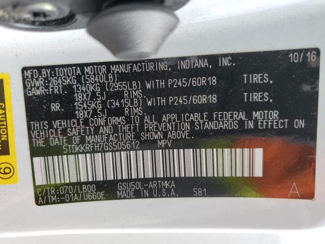 5TDKKRFH7GS505612 - 2016 TOYOTA HIGHLANDER XLE Blanco foto 13