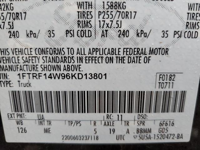 1FTRF14W96KD13801 - 2006 FORD F150 BLACK photo 12