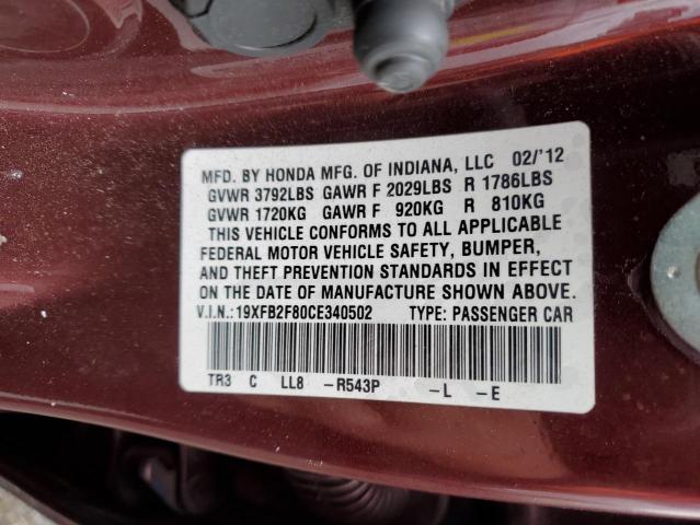 19XFB2F80CE340502 - 2012 HONDA CIVIC EX BURGUNDY photo 12