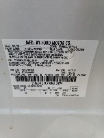 2FMDK51C79BA15894 - 2009 FORD FLEX SE WHITE photo 12