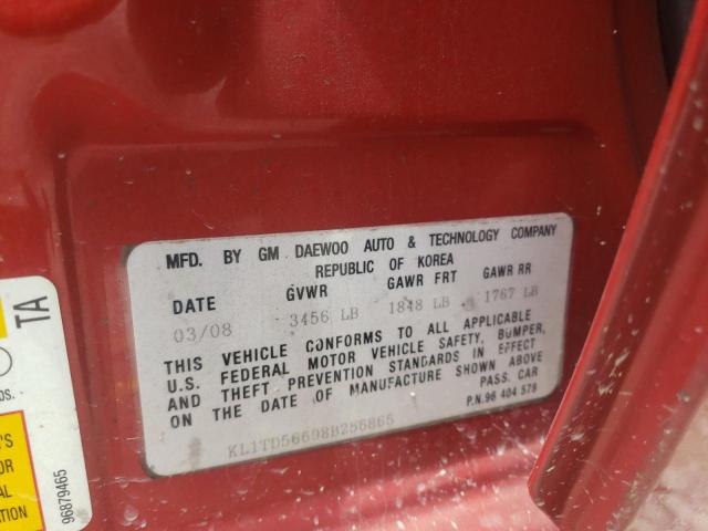 KL1TD56698B256865 - 2008 CHEVROLET AVEO BASE BURGUNDY photo 12