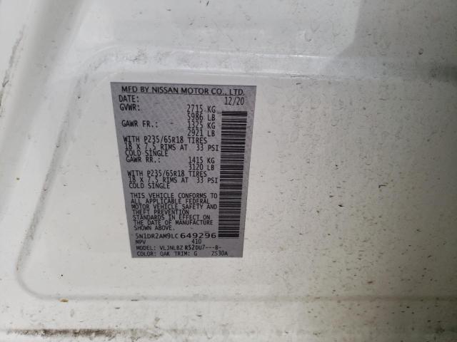 5N1DR2AM9LC649296 - 2020 NISSAN PATHFINDER S WHITE photo 12