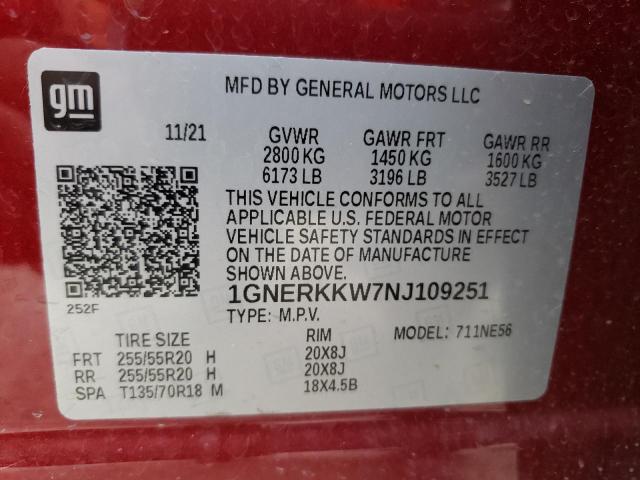 1GNERKKW7NJ109251 - 2022 CHEVROLET TRAVERSE PREMIER RED photo 13