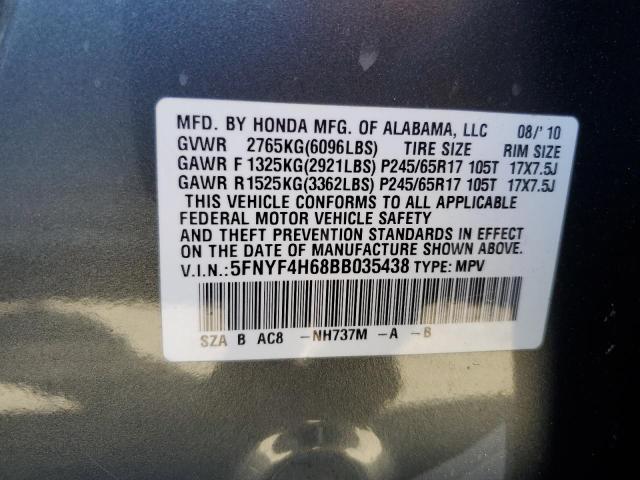 5FNYF4H68BB035438 - 2011 HONDA PILOT EXL GRAY photo 12