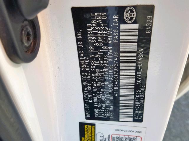 4T1BE46K47U727408 - 2007 TOYOTA CAMRY CE  photo 10