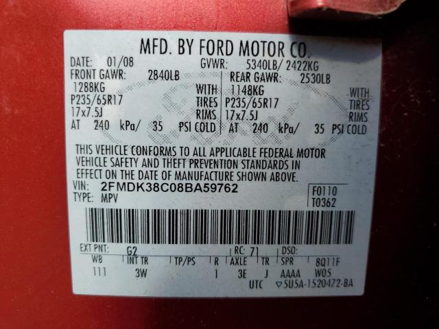 2FMDK38C08BA59762 - 2008 FORD EDGE SEL RED photo 12