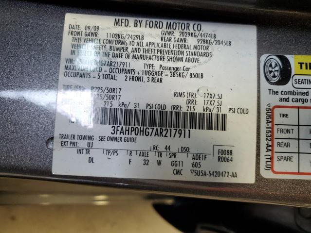 3FAHP0HG7AR217911 - 2010 FORD FUSION SE GRAY photo 12