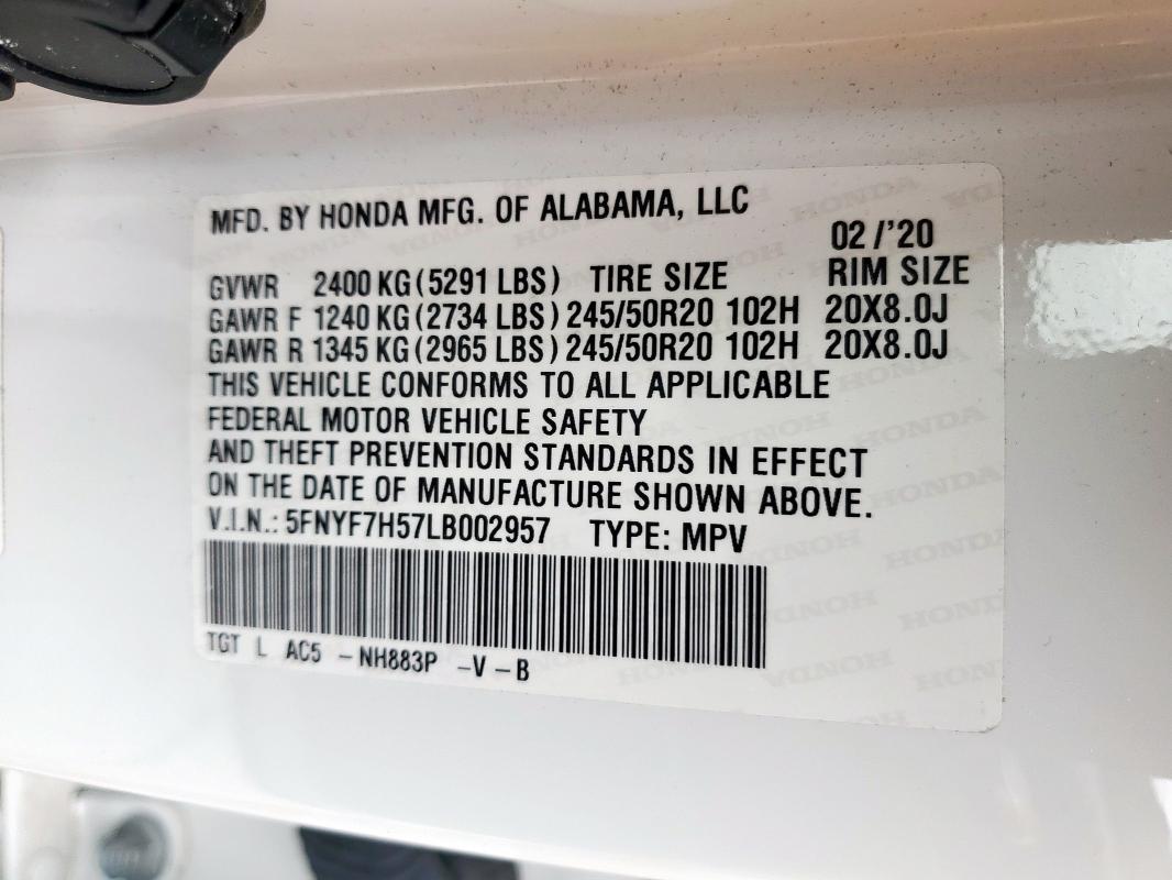 5FNYF7H57LB002957 - 2020 HONDA PASSPORT EXL أبيض صورة 13