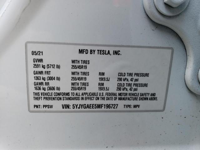 5YJYGAEE5MF196727 - 2021 TESLA MODEL Y WHITE photo 13