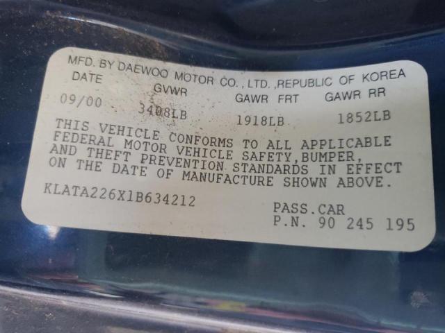 KLATA226X1B634212 - 2001 DAEWOO LANOS S Mavi foto 10