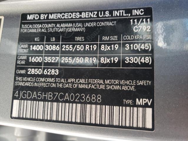 4JGDA5HB7CA023688 - 2012 MERCEDES-BENZ ML 350 4MATIC SILVER photo 10