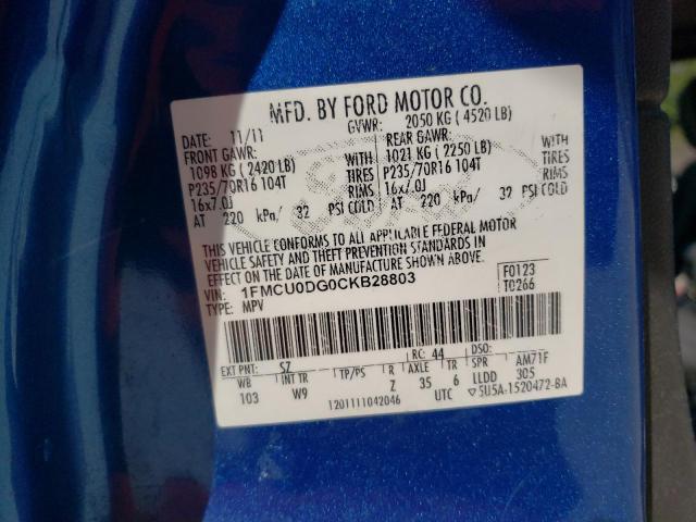 1FMCU0DG0CKB28803 - 2012 FORD ESCAPE XLT BLUE photo 12