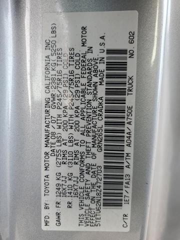 5TETU62N18Z472703 - 2008 TOYOTA TACOMA PRERUNNER ACCESS CAB SILVER photo 12