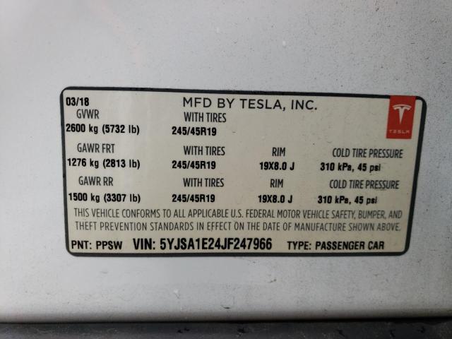 5YJSA1E24JF247966 - 2018 TESLA MODEL S Սպիտակ լուսանկար 12