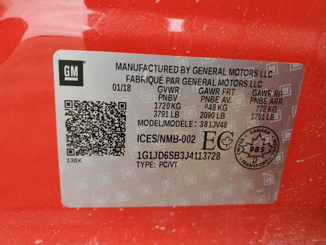 1G1JD6SB3J4113728 - 2018 CHEVROLET SONIC LT RED photo 12