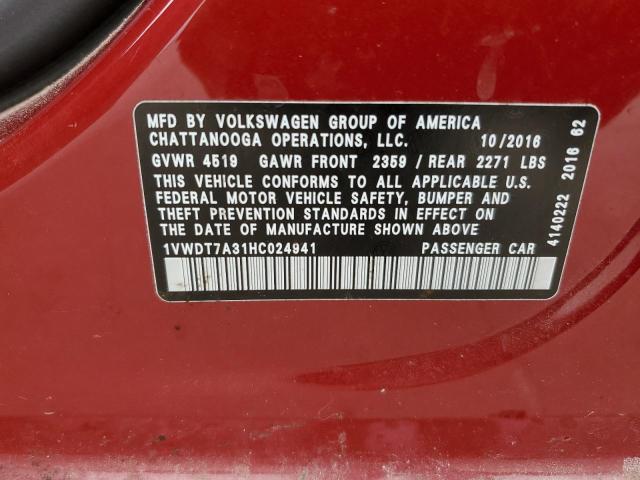 1VWDT7A31HC024941 - 2017 VOLKSWAGEN PASSAT R-LINE Rot Foto 12