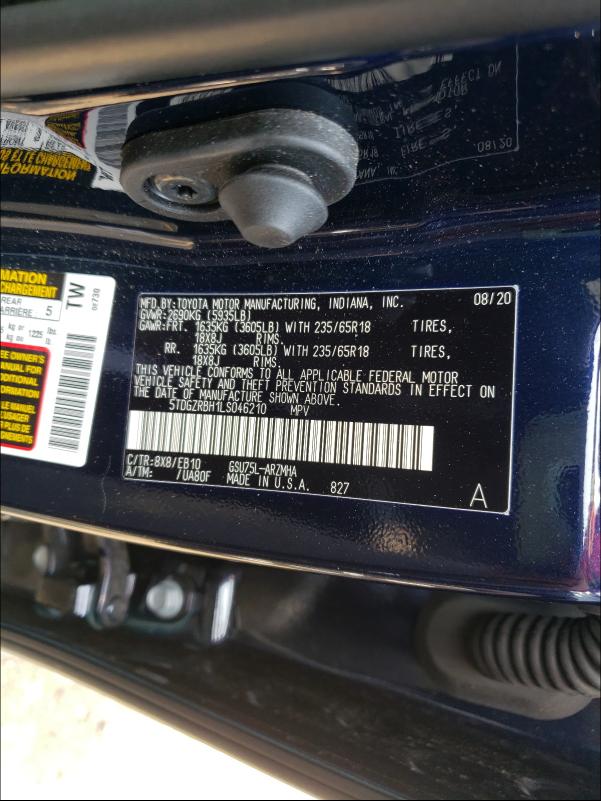 5TDGZRBH1LS046210 - 2020 TOYOTA HIGHLANDER XLE ლურჯი ფოტო 10