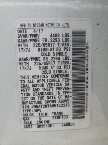 JN8AT2MT4HW152243 - 2017 NISSAN ROGUE S WHITE photo 12