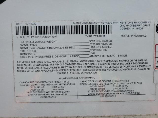 4YDTPPN22NK414983 - 2022 KEYSTONE PASSPORT WHITE photo 10