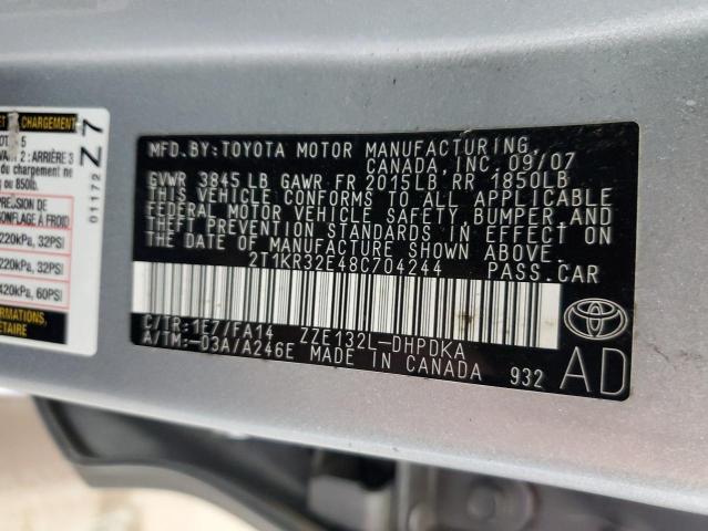 2T1KR32E48C704244 - 2008 TOYOTA MATRIX XR Srebrny zdjęcie 12