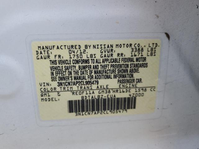 3N1CN7AP2CL905479 - 2012 NISSAN VERSA S WHITE photo 12