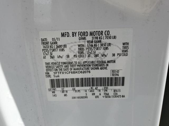 1FTFX1CF6BKD62076 - 2011 FORD F150 SUPER CAB WHITE photo 12