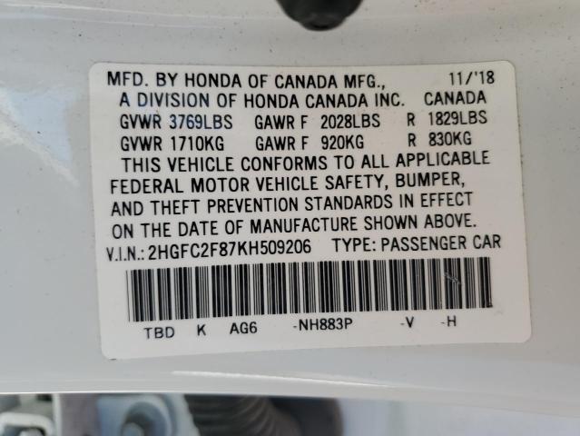 2HGFC2F87KH509206 - 2019 HONDA CIVIC SPORT 白色 照片 12