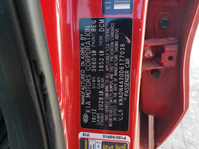 KNADN4A30D6177036 - 2013 KIA RIO EX RED photo 12