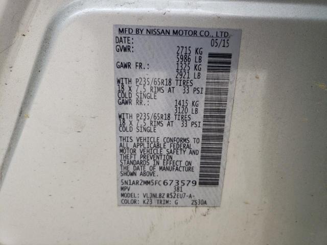 5N1AR2MM5FC673579 - 2015 NISSAN PATHFINDER S 银色 照片 12