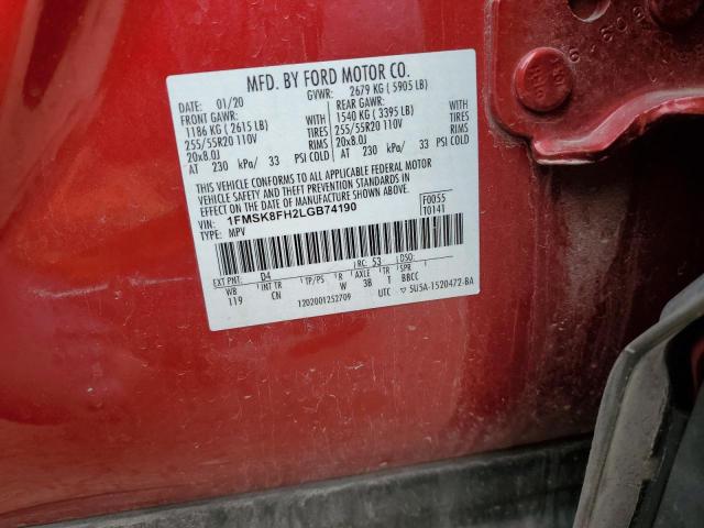 1FMSK8FH2LGB74190 - 2020 FORD EXPLORER LIMITED RED photo 13