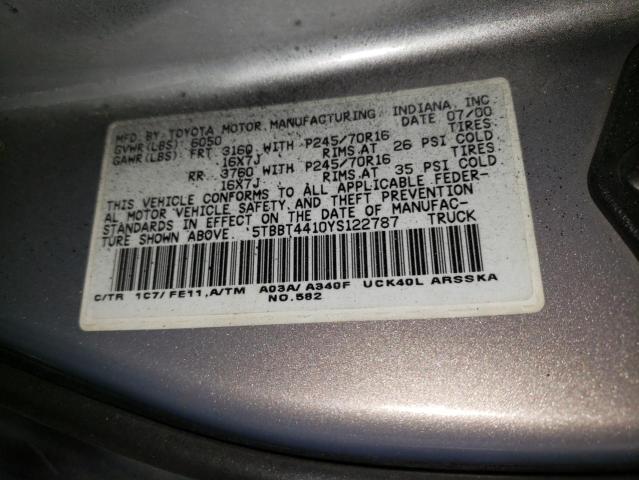 5TBBT4410YS122787 - 2000 TOYOTA TUNDRA ACCESS CAB GRAY photo 12