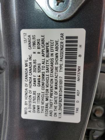 2HGFB2F81DH516917 - 2013 HONDA CIVIC EX GRAY photo 13