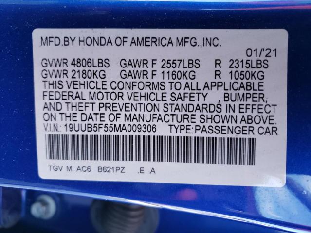 19UUB5F55MA009306 - 2021 ACURA TLX TECH A BLUE photo 12