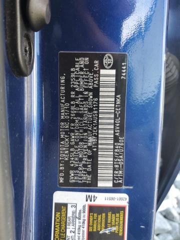 4T1BF3EK1AU581176 - 2010 TOYOTA CAMRY BASE BLUE photo 12