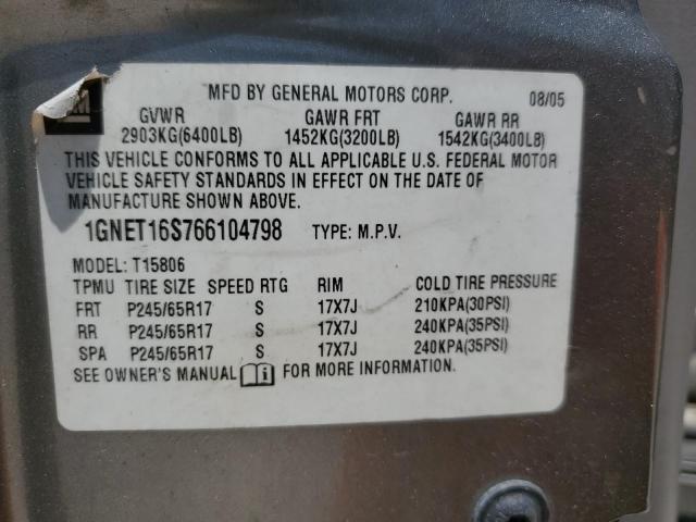 1GNET16S766104798 - 2006 CHEVROLET TRAILBLAZE EXT LS GOLD photo 12