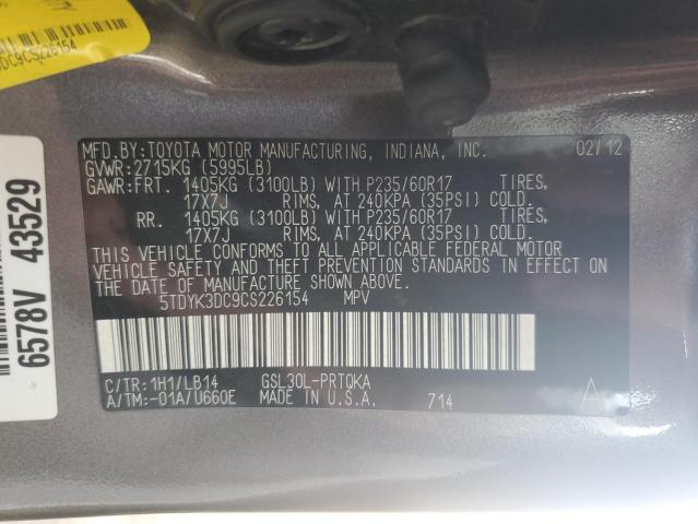 5TDYK3DC9CS226154 - 2012 TOYOTA SIENNA XLE GRAY photo 13