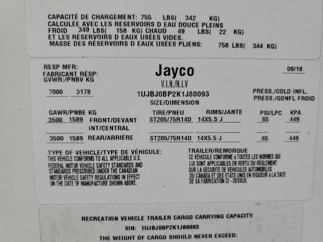 1UJBJ0BP2K1J80093 - 2019 JAYCO JAYFEATHER WHITE photo 10