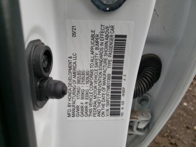 19XFC1F71ME013669 - 2021 HONDA CIVIC EXL Ağ foto 12
