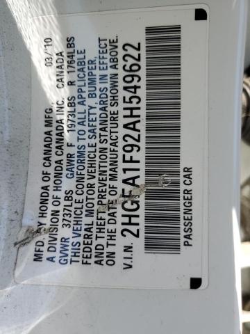 2HGFA1F92AH549622 - 2010 HONDA CIVIC EXL Ağ foto 12